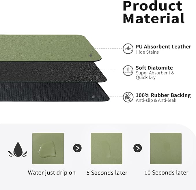 HotLive Dish Drying Mat for Kitchen Counter, Heat Resistant Drainer Mats with Non-slip Rubber Backed, Hide Stain Kitchen Super Absorbent Draining Mat, Easy to Clean Dish Rack Pad, Green 18"x28"