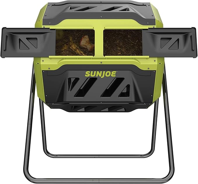 Sun Joe Outdoor Tumbling Composter Bin with 360° Dual Chamber, 2-10 Weeks Compost, 42 Gal - Rotating Composting Tumbler for Home Waste Management and Solution, SJ-CMPS1