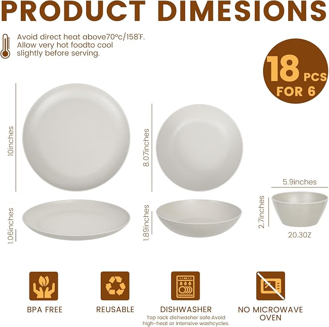 Unbreakable Dinnerware Set for 6 Matte Nautral White 18 Piece Melamine Wheat Straw BPA Free Lightweight Dishwasher Safe Shatter Resistant for Daily Dining Kitchen Outdoor RV