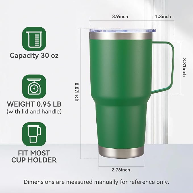 30 oz Tumbler with Handle and Lid, Stainless Steel Tumblers Bulk Double Wall Vacuum Insulated Travel Mug Leak Proof Cup Keep Drinks Cold and Hot Dark Green, 12 Pack