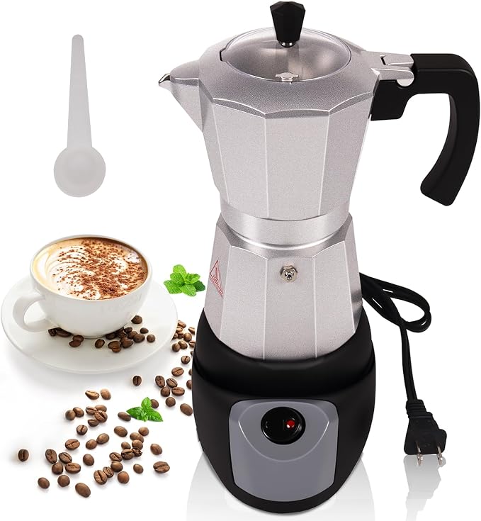 Aluminum Electric Moka Pot 3-6 Cup 270ml Express Coffee Maker Stovetop Espresso Portable Coffeemaker Italian Classic Brewing Greca Cafe Mocha with Removable Base and Overheating Protection Machine