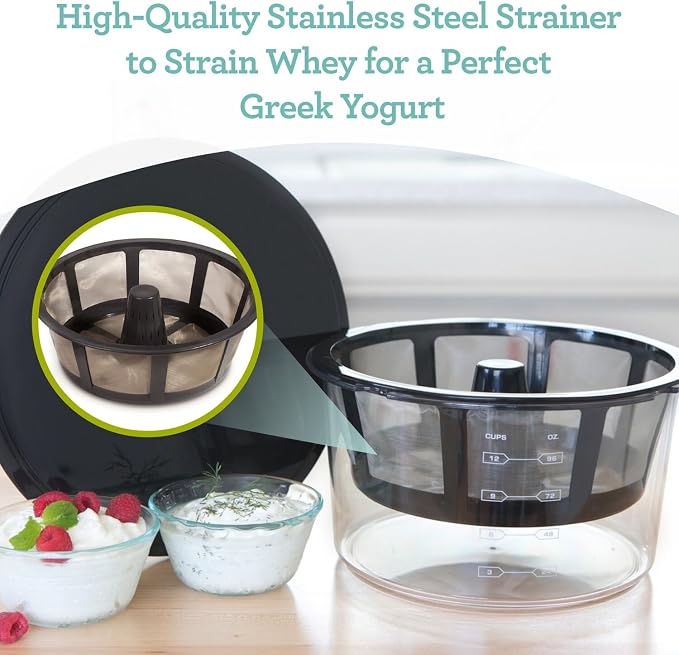 Euro Cuisine GY60 Greek Yogurt Maker with Ultra Fine Mesh Stainless Steel Strainer Basket, BPA Free, Patented Greek Yogurt Strainer, Ideal for Healthy Homemade Yogurt, Dips, and Desserts