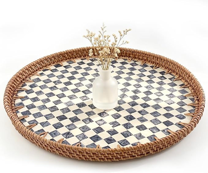 Mother of Pearl Lazy Susan, 13.8" Table Centerpiece Round Shell Decorative Lazy Susan Turntable Rotating Tray Organizer for Cabinet Counter Gift Kitchen Office Cafe Home Decor (Checkerboard)