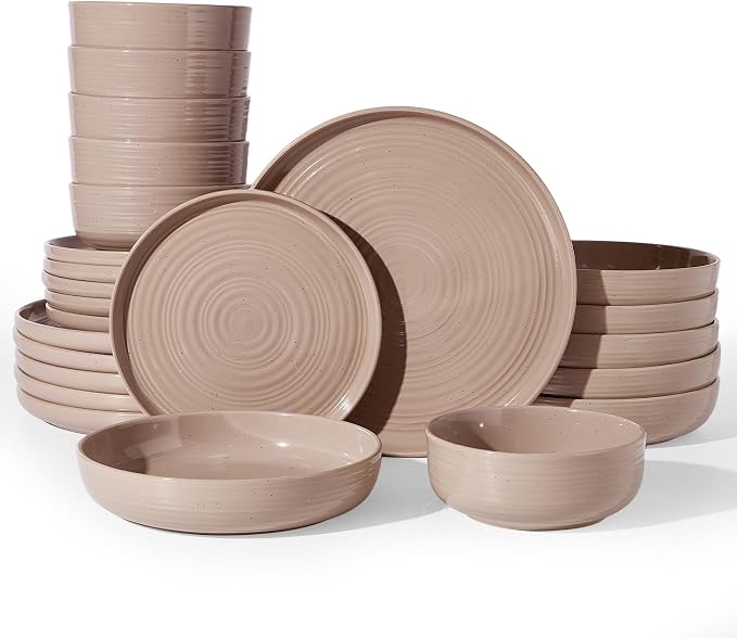 24-Piece Stoneware Dinnerware Sets for 6 with Pasta Bowls – Speckled Glaze with Spiral Design, Coupe Plates and Bowls - Chip & Scratch Resistant, Microwave & Dishwasher Safe, Brown