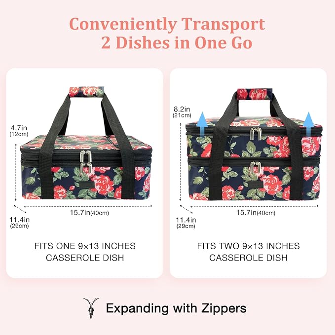 Expandable Casserole Carrier Bag - Double Decker Food Bag, Insulated Casserole Carrier for Hot or Cold Food, Lasagna Holder Tote for Picnics,Beaches,Traveling or Gifts