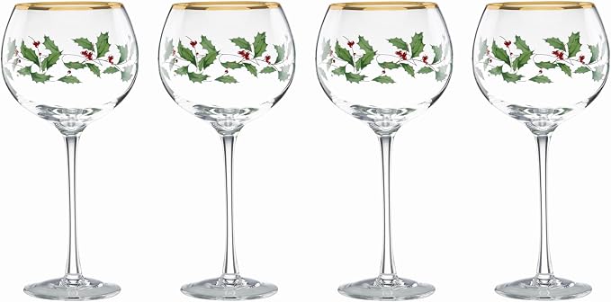 Lenox Drinkware, Holiday 4-Piece Wine Balloon Glass Set, Set Of 4, 14 Fl Oz Capacity, Made From Glass, Festive Red Christmas Design, Hand Wash Only, Christmas Decorations, Winter Decor (4 Piece)