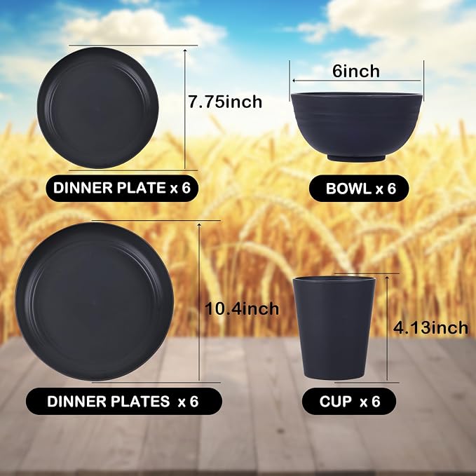 Supernal 24pc Black Wheat Straw Dinnerware Set, Unbreakable Dish Set for 6 | 24pc matte black wheat straw dinnerware set for 6. Lightweight, unbreakable, microwave & dishwasher safe kitchen dish set.
