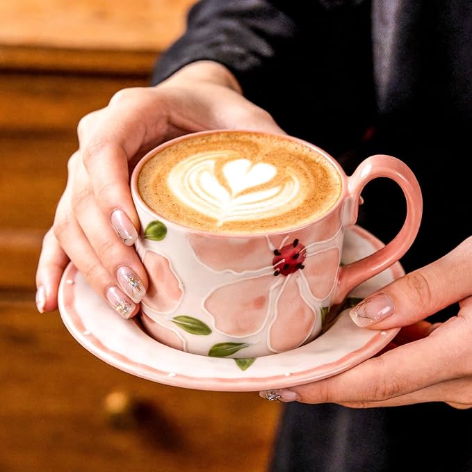 KAMMAK Tea Cups and Saucers Set of 2, Porcelain Coffee Cups, 8.5-Ounce Stackable Espresso Mugs, Ceramic Demitasse for Coffee, Latte, Americano, GX20