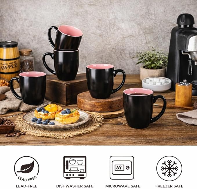 GBhome 16oz Coffee Mugs Set of 6, Large Ceramic Coffee Mugs for Man, Woman, Dad, Mom, Modern Coffee Mugs Set with handle for Tea/Latte/Cappuccino/Milk/Cocoa. Dishwasher&Microwave Safe,Pink