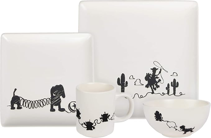 Toy Story 4-Piece Ceramic Dinnerware Set With Scribble Design - Cute Character Line Drawings - Beautiful Glazed White Square Dinner & Salad Plates With 16 Oz. Bowl & 11 Oz. Mug Place Setting