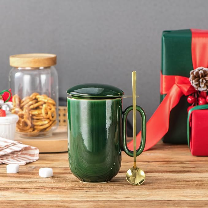 vicrays Ceramic Tea Mug Infuser - Large Cup 16 oz Hot Loose Steeping Handle Teacup with Leaf Infuser Spoon Lid - Tall Glazed Strainer Coffee Mug Microwave Safe - Green