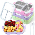 LemonRoad 3 Pcs 304 Stainless Steel Bento Box 24 oz Metal Lunch Box with Spoon Fork 3 Compartment Transparent Lid Dishwasher Safe Leakproof Food Fruit Snack Container for Office Travel (Pastel)