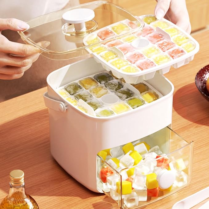MAVIS LAVEN Ice Cube Maker Ice Tray Set with 2 Trays and Storage Bin for 120 Cubes Easy Release Button Design Food Grade PP Material Silicone Handles Dust Proof Lid (Milk White)