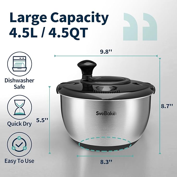 Stainless Steel Salad Spinner, 4.8 Qt Vegetable Washer, BPA-Free Lettuce Dryer with Crank Design, Dishwasher Safe, Non-Slip Base - Black Lid