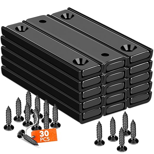 TRYMAG Neodymium Rectangular Magnets 80Lbs, 60 x 13.5 x 5mm Strong Black Bar Magnets with Countersunk Hole and Steel Capsule, Heavy Duty Industrial Rare Earth Magnets with Screw for Mounting, 15 Pack