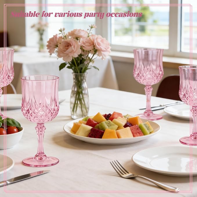 16 Pack Plastic Wine Glasses,10oz Unbreakable Vintage Style Goblets,Reusable Crystal Like Drinking Glass for Wedding Reception, Party Supplies (Pink)