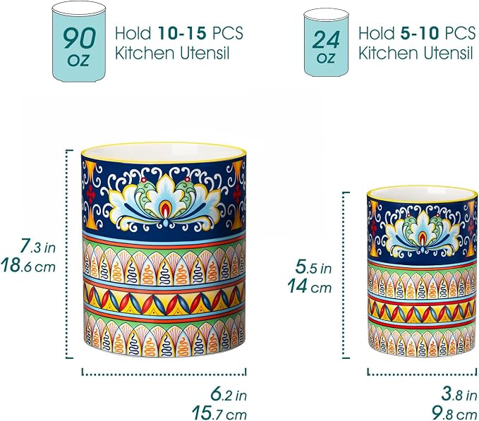 vancasso SIMI Utensil Holder, 7.3"+5.5" Porcelain Kitchen Utensil Holder for Countertop, Bohemian Kitchen Utensil Organizer for Spatulas, Spoons, Decorative Counter Utensil Crock, Celestial Harmony