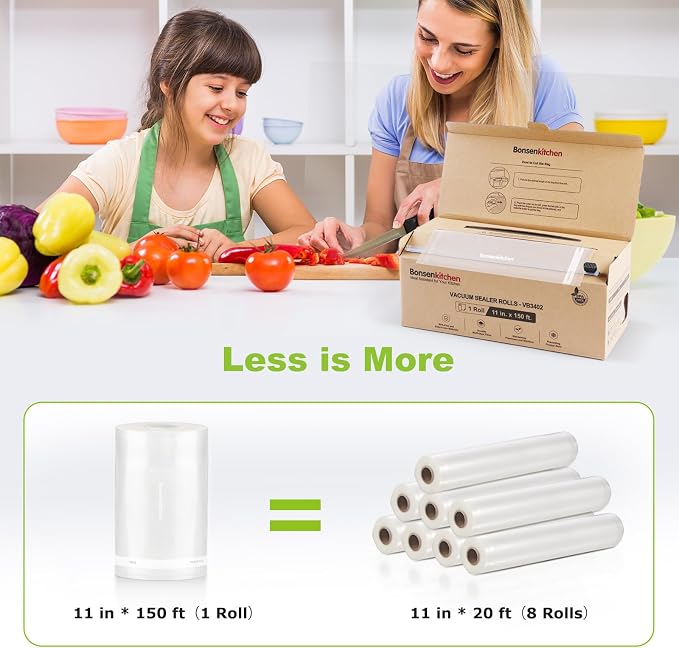 Bonsenkitchen 11” x 150’ Vacuum Sealer Bags Rolls with Cutter for Food Storage, Commercial Grade, BPA Free, Great for Meal Prep and Sous Vide Cooking
