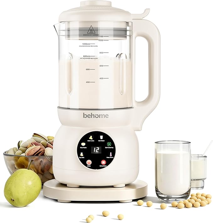 Behome 8 in 1 Nut Milk Maker Machine Blender – Glass Plant 32oz Milk Machine for Almond, Oat & Soy Milk, Self-Cleaning Vegan with No-Soak Beans, Delay Start & Keep Warm, Dairy-Free Beverage Maker