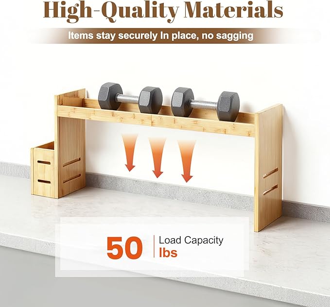 Over The Stove Shelf Wooden,Bamboo Spice Rack for Above the Kitchen Hob,31.5-inch Spice Storage Rack,Height-Adjustable, 50-pound Weight Capacity, Easy to Assemble (Wood colour)
