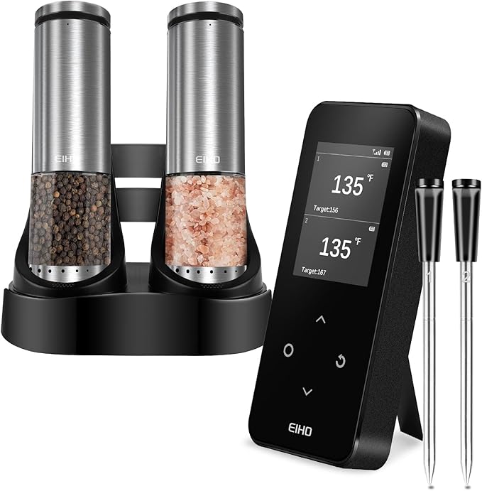 Electric Salt and Pepper Grinder Set USB Rechargeable,Wireless Bluetooth Meat Thermometer with 2 Ultra-Thin Probes,Smart Digital Food Thermometer for Grill Smoker Roast Oven, Cooking Gifts