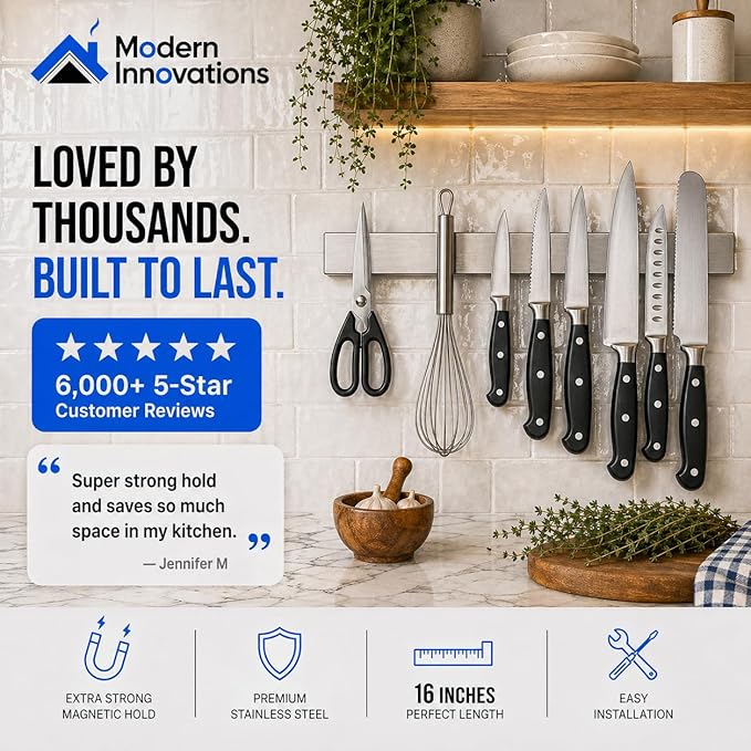 Modern Innovations 16 Inch Stainless Steel Magnetic Knife Bar with Multi-Purpose Functionality as a Knife Holder, Knife Strip, Magnetic Tool Organizer, Art Supply Organizer & Home Organizer