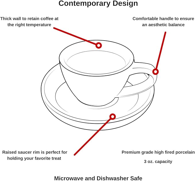 Espresso Cups and Saucers by Easy Living Goods - 3-Ounce Demitasse for Coffee, Set of 4, Assorted Colors (Vibrant)