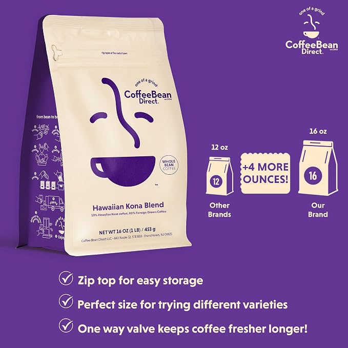 Coffee Bean Direct Hawaiian Kona Blend, Whole Bean Coffee, Contains 10% Hawaiian Kona Coffee, Light Roast, 1 Pound Bag (Pack of 1)