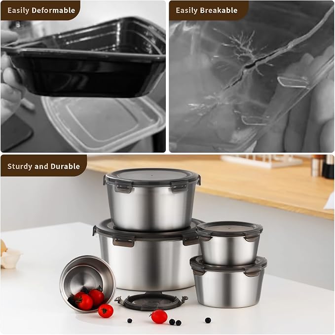 316L Stainless Steel Food Storage Containers with Lids, 20oz 34oz 71oz Airtight Metal Meal Prep Containers,Bento Lunch Box for Kitchen, Picnic & Camping（600 ml / 1000 ml / 2100 ml）