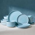 18-Piece Stoneware Dinnerware Sets for 6 - Farmhouse Coupe Plates and Bowls with Speckles & Spirals - Chip & Scratch Resistant, Microwave & Dishwasher Safe - Gift Box, Ice Blue