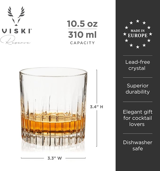 Viski Reserve Milo 10.5 oz Clear Crystal Whiskey Glasses Set of 4, Italian-Made Glassware for Vodka, Bourbon, Manhattan, Housewarming Gifts for Men, Wedding & Birthday Gifts, Home Bar Accessories