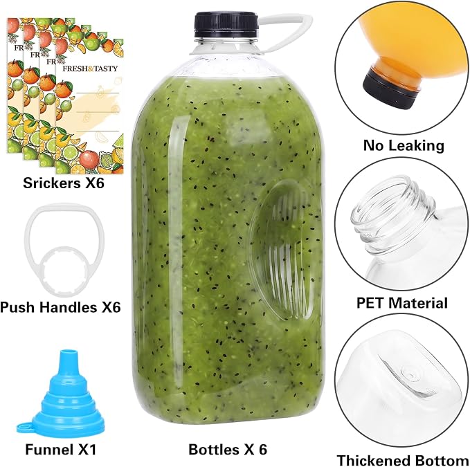 TOMNK 6pcs Juice Bottles, 64oz Reusable Plastic Juice Bottles with Caps and Labels, Funnel, Brush Beverage Containers for Juicing, Smoothies, Tea, Milk