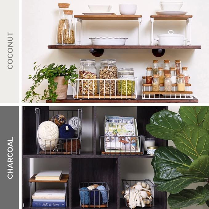 iDesign Ria Safford Collection Deep Pantry Wire Basket with Acacia Wood, 14.25" x 12.5" x 12", 15.25" x 12.5" x 12"