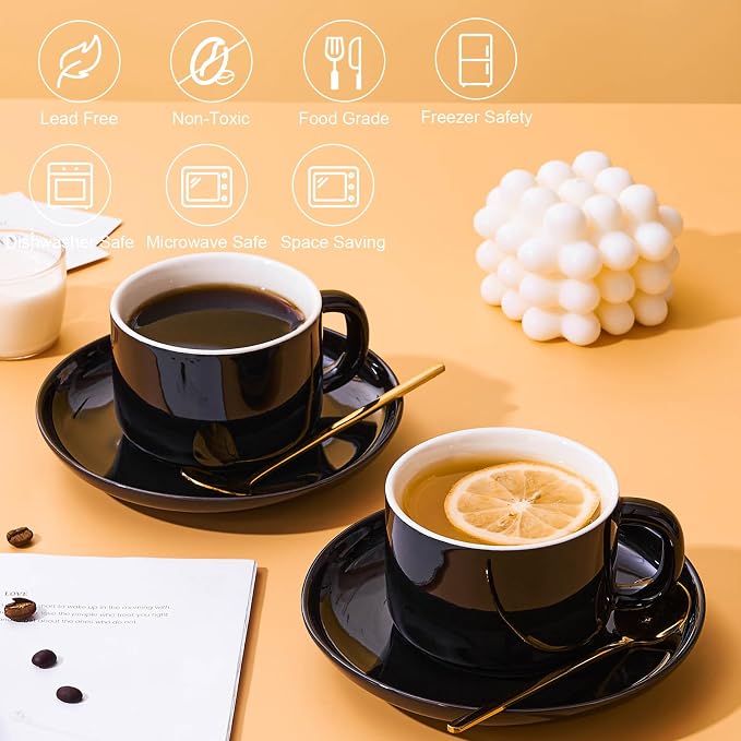 8oz Cappuccino Cups Set of 4, Tea Cups with Saucers and Spoons, Black Ceramic Tea Cups Set Coffee Mugs for Tea Cappuccino Espresso Latte Mocha Au Lait Macchiato Cafe