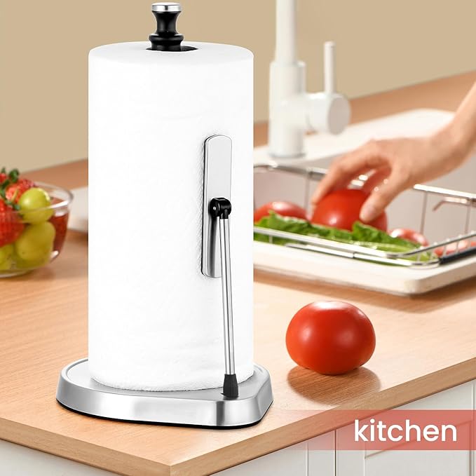 Dailyart Paper Towel Holder for One Hand Tear - Countertop with Tension Arm & Non Slip Weighted Base, Stainless Steel Paper Towel Holder Stand for Kitchen Bathroom, Black