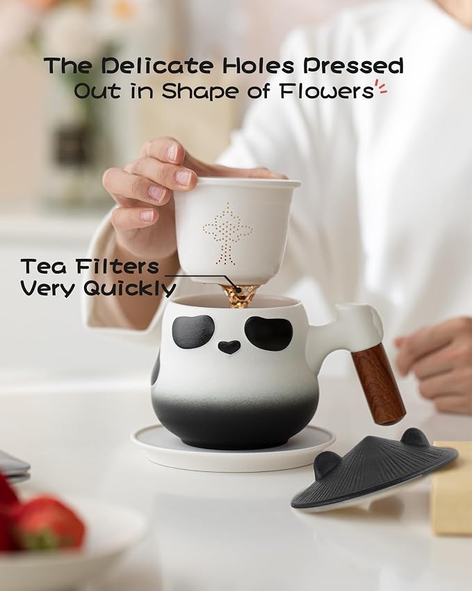 ZENS Tea Cup with Infuser and Lid, 11 oz Cute Panda Tea Mug with Strainer and Coaster for Loose Leaf Tea Steeper, Ceramic Tea Cup for Daughter, Collector's Mug Gifts