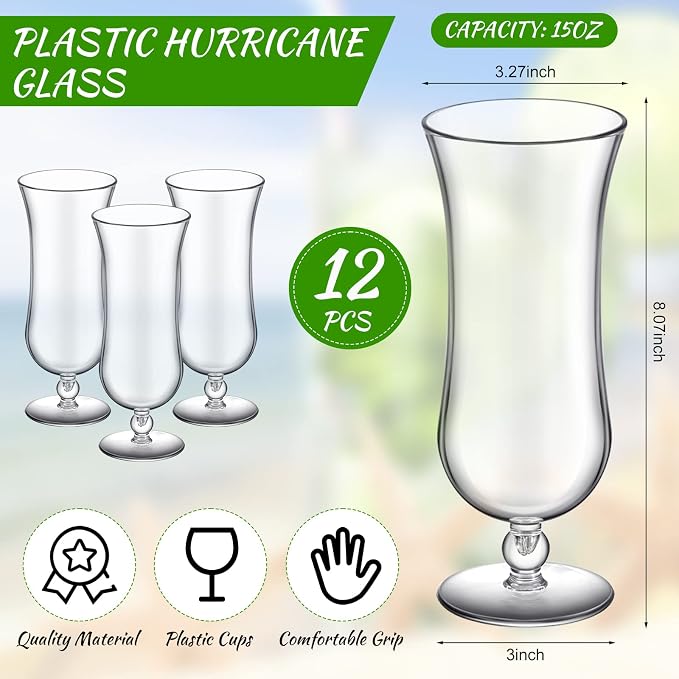 Lallisa 12 Pcs Plastic Hurricane Glasses 15 oz Shatter Resistant Clear Plastic Pina Colada Cocktail Glasses Break Resistant Drinking Tulip Milkshake Cups for Beer Juice Margarita