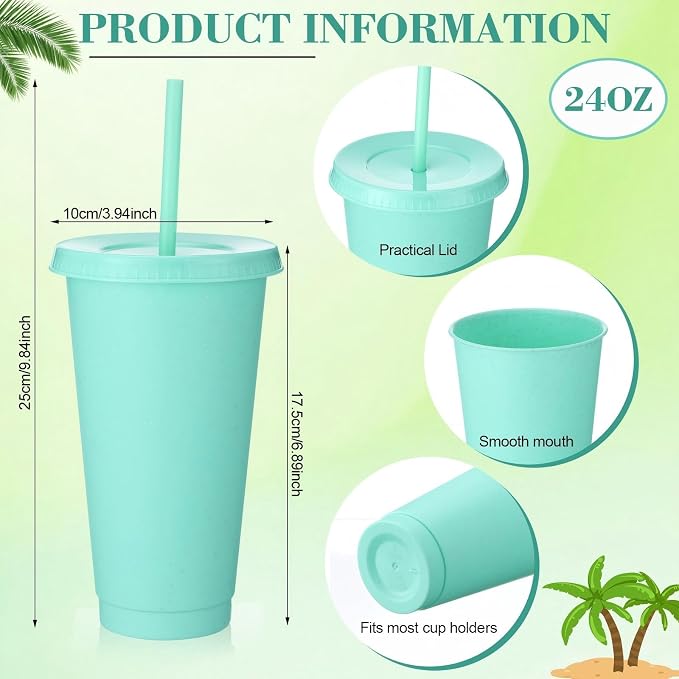 Honeydak 15 Pack Tumbler with Straw and Lid Bulk Cups for Gifts Glitter Plastic Coffee Cups 24-27 oz Reusable Water Bottle Iced Coffee Travel Mug Party Favors for Birthdays Travel (Mint Green)
