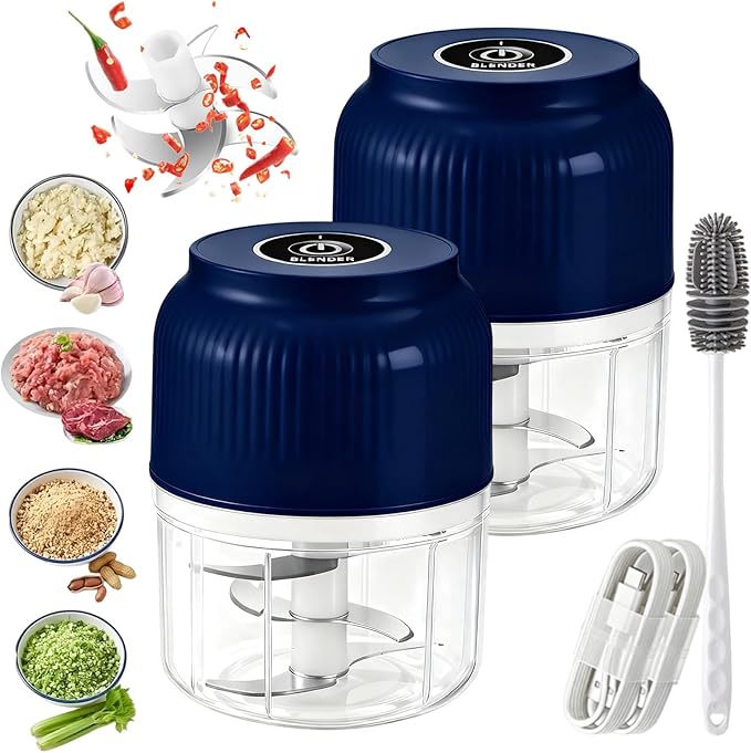 Electric Garlic Chopper, 320ML Mini Portable Veggie Chopper with 6 Sharp Blades, Rechargeable Electric Food Chopper Tool, Wireless Veggie Grinder, for Onions Ginger Chili Nuts Meat (Blue*2)