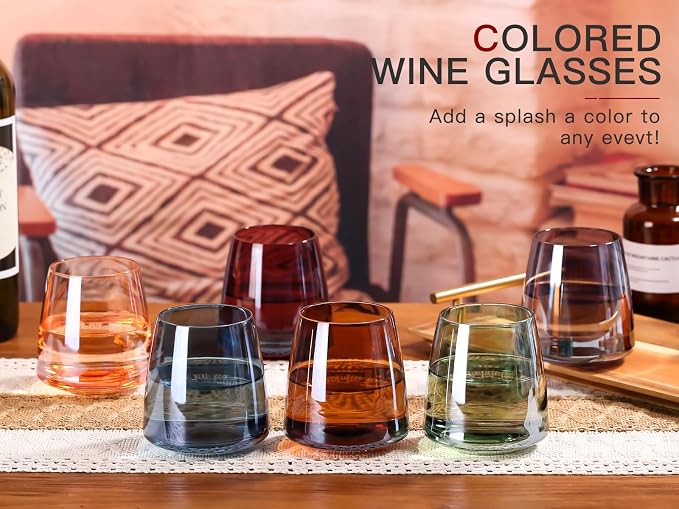 comfit Stemless Colored Wine Glasses Set of 6-15oz Colorful Wine Glasses,Perfect Red Wine Glass Stemware for Wine Lover in Wedding,Engagement Gifts