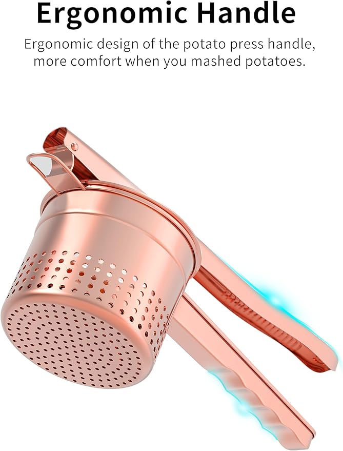 GloTika Large 15oz Potato Ricer Masher, Heavy Duty Stainless Steel Potato Masher with Ergonomic Handle, Masher and Ricer Kitchen Tool for Mashed Potatoes, Noodle Maker, Rose Gold