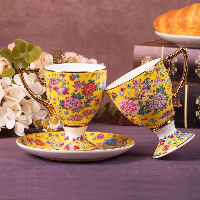 KAMMAK Tea Cups and Saucers Set of 2, Porcelain Coffee Cups, 7oz Stackable Espresso Mugs, Ceramic Demitasse for Coffee, Latte, Americano, Tea (622N)