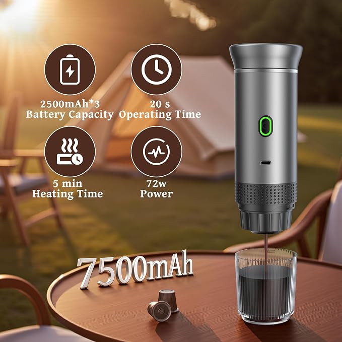 Portable Espresso Machine for Travel, Travel Coffee Maker 20-Bar Extraction, 150 ML，Coffee Maker Self-Heating with USB-C, Compatible with Ground Coffee & NS Capsule for Hiking and Camping (Green)