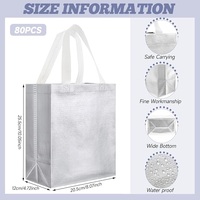 Eccliy Reusable Gift Bags Set Glossy Grocery Gift Tote Bag with Handle for Wedding, Bridal Shower, 4th of July, Summer Event(10 x 8 x 4.7 Inch,Silver,80 Pcs)