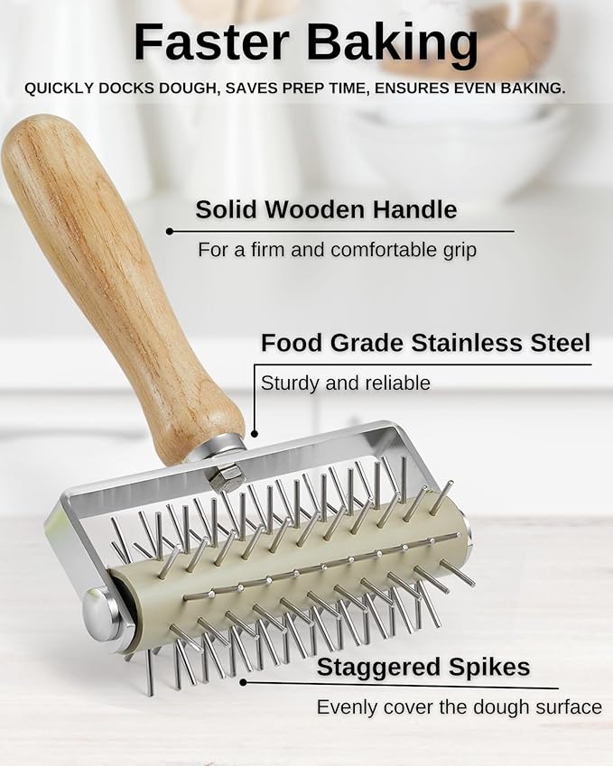 Pizza Dough Docker Roller with Stainless Steel Spikes, Pizza Wheel & Pie Server, Cleaning Brush and Canvas Bag – Perfect for Homemade Pizza, Pie & Pastry