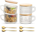 JBHO Vintage Glass 14OZ Coffee Mugs 4pcs Clear Embossed Glass Cups with Bamboo Lids and Spoons Gifts for Women Overnight Containers for Tea,Cereal,Cappuccino, Latte