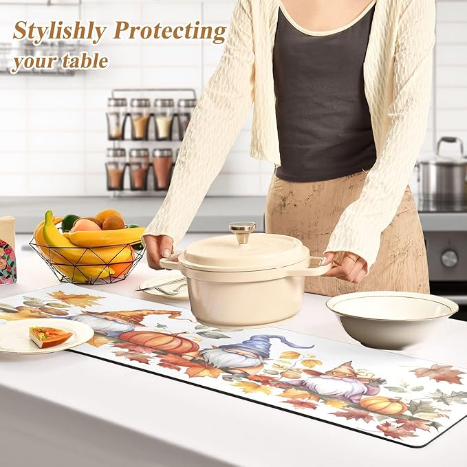 Thanksgiving Gnomes Pumpkins Autumn Leaves Trivet Table Runner 40 Inches Long Trivet for Hot Pots and Pans/Hot Dishes,Table Protector Heat Up to 230F, Decorative Hot Plates Mat for Kitchen Countertop