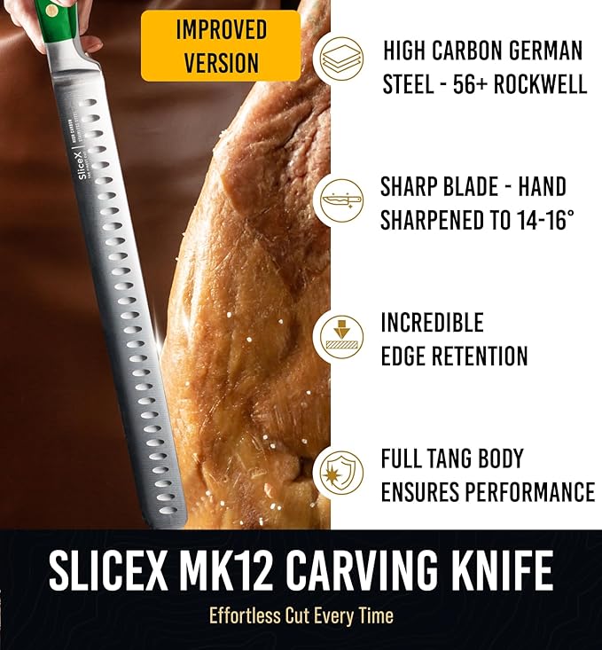 Bright Hobby Classic Brisket Slicing Carving Knife – Gift for Dad From Wife, Son, Daughter - 12” Full Tang Meat Cutting and BBQ Knife – Razor Sharp German Steel with Ergonomic Handle - Green