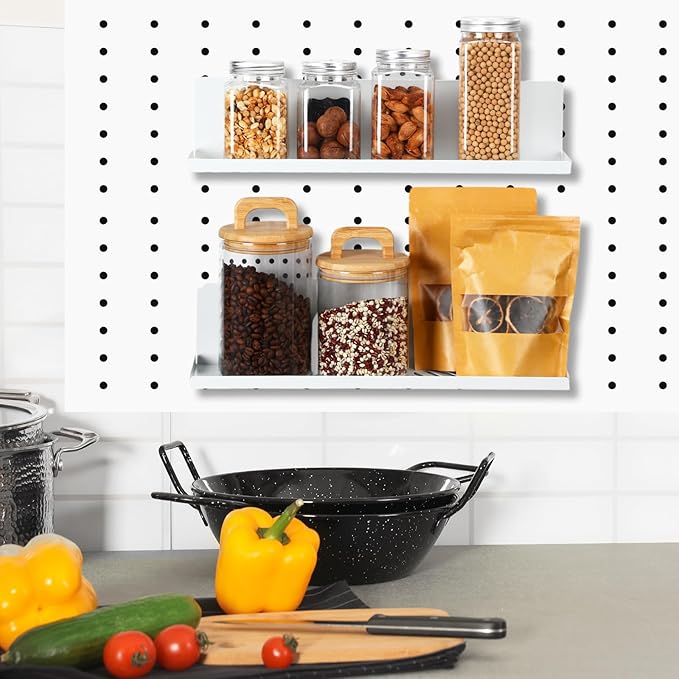 Therwen 4 Pack Magnetic Pegboard Shelves Wall Organizer Metal Pegboard Shelf Steel Tray Accessories Organizing Tools for Craft Home Kitchen (16 x 4.7 x 3.5 Inches,White)