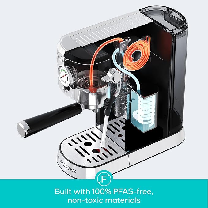 CASABREWS CM5418ECO PFAS-Free Espresso Machine with Milk Frother Steam Wand | Non-Toxic, Stainless Steel, 20-Bar, Built-in Pressure Gauge, Powerful Steam Wand for Cappuccino, Small, 34oz Water Tank